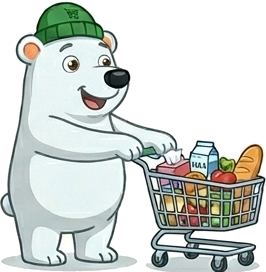 Nanuk, l'orso polare di Spesa X, con il carrello della spesa pieno
